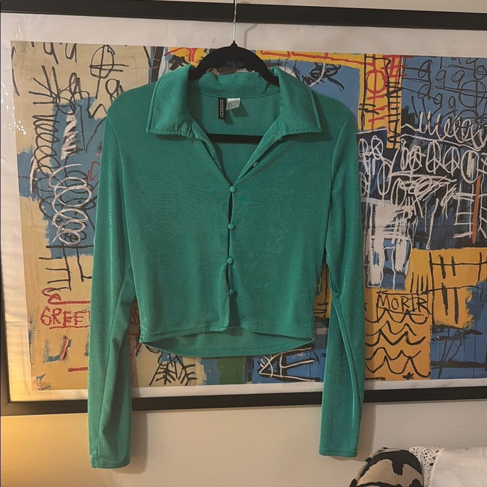 Green Button-Up Jersey Women's Top